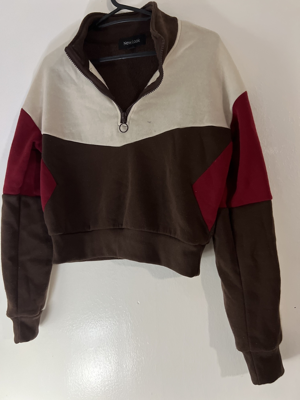 New Look Brown, Cream & Red Colorblock Half-Zip Cropped Sweater